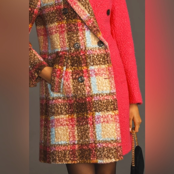 Anthropologie NVLT Plaid Houndstooth Fuchsia Pink Pea Coat Jacket XS 0 2 NWT 💖 - Picture 11 of 13